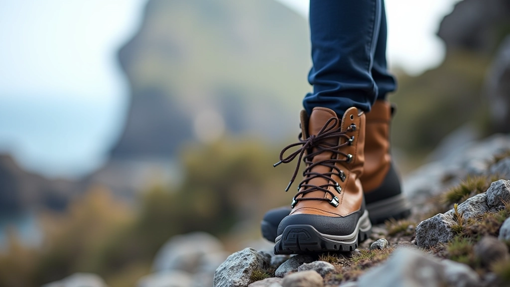 Lähedalt vaadatavad kvaliteetsed hiking-saappikud kaljusel pinnal, nähtavad haardepinnad ja stabiilne konstruktsioon