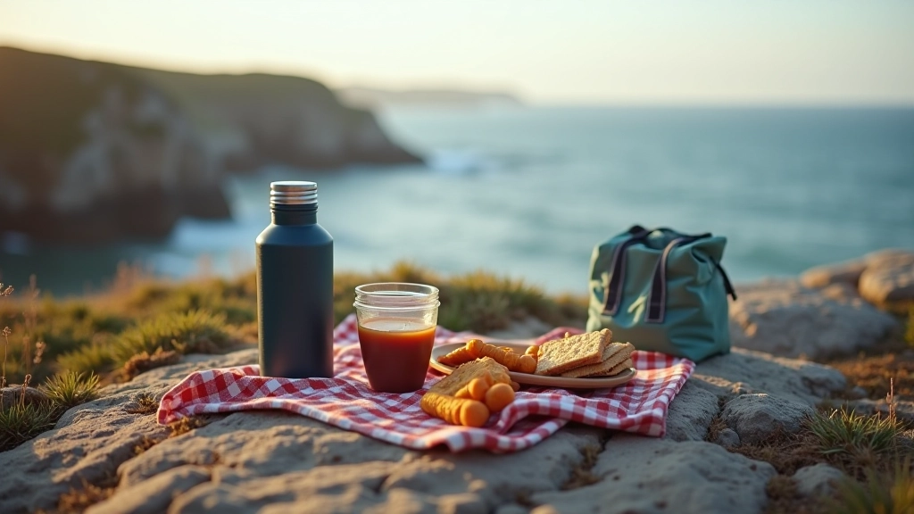 Picnic setup rannikul pärast matka, termos ja leib kaljudel